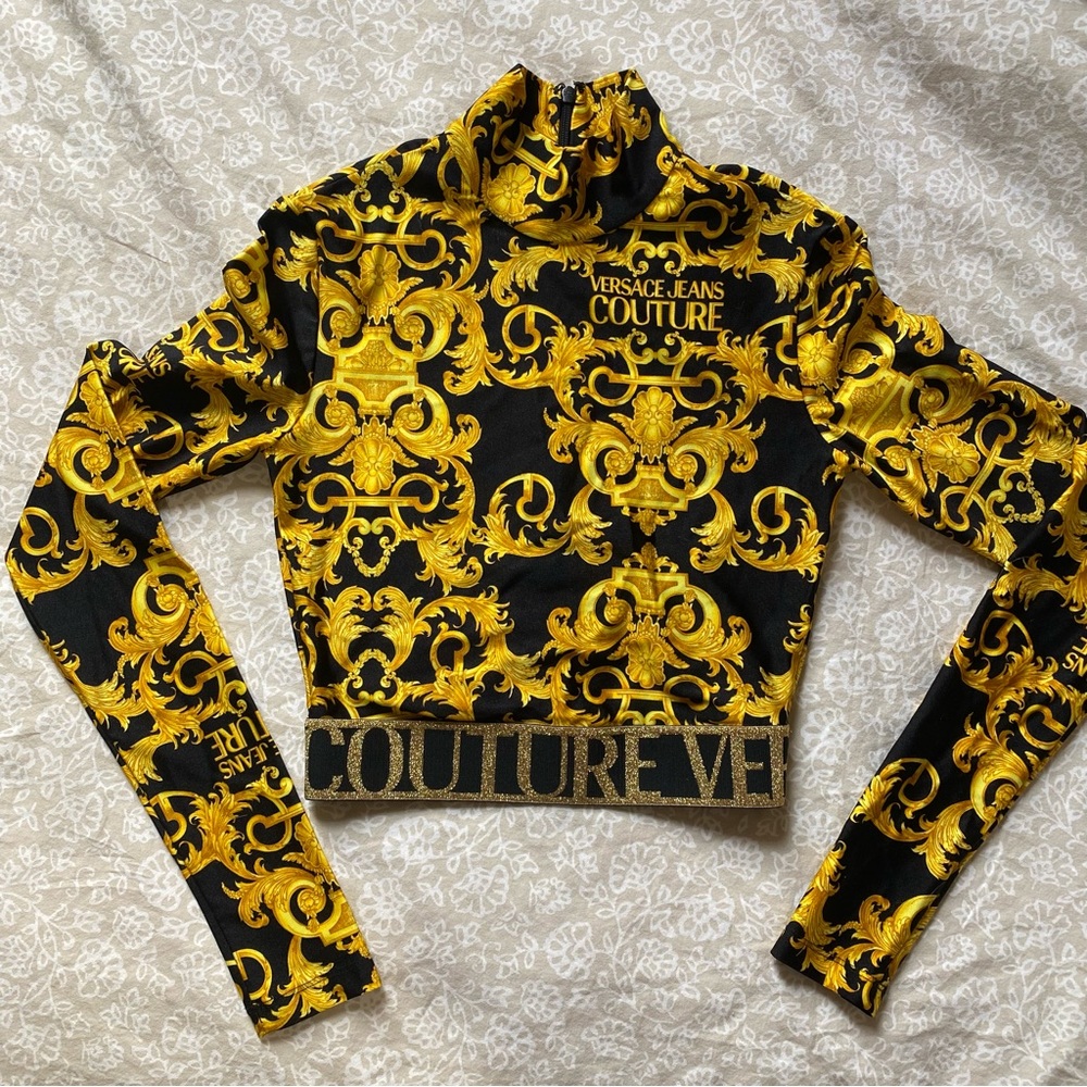 Authentic Versace Jeans Couture Black and Gold Long Sleeve Boroque Crop Top